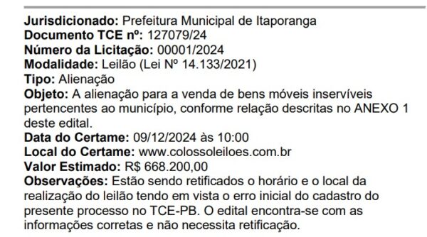 Prefeitura de Itaporanga leiloa mais de R$ 668 mil em veículos e equipamentos