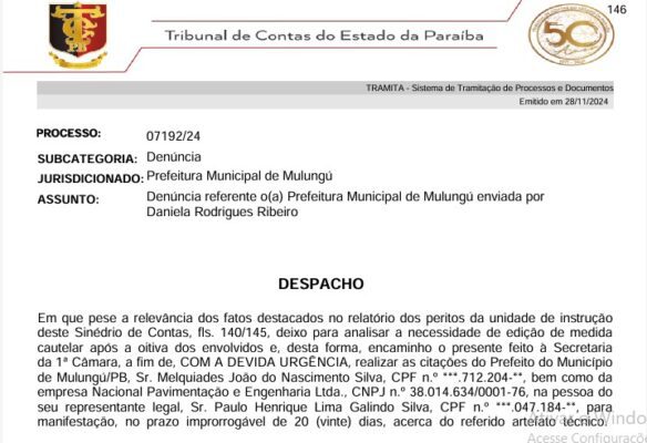 Auditoria do TCE detecta irregularidades e pede suspensão de licitação de mais R$ 3 milhões para pavimentação de ruas em Mulungu