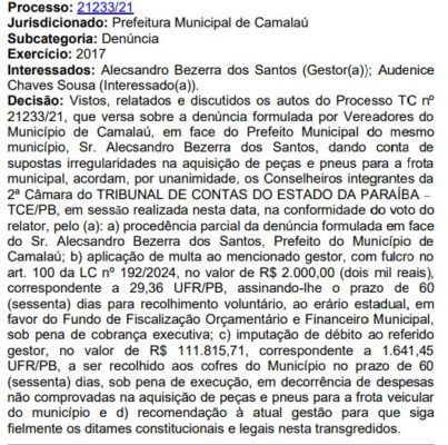 Prefeito de Camalaú terá que devolver mais de R$ 100 mil aos cofres públicos devido a irregularidade na compra de pneus