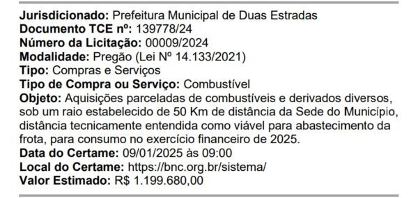 Com pouco mais de 3 mil habitantes, Duas Estradas lança edital de mais de R$ 1 milhão para comprar combustível