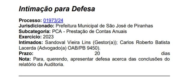 TCE dá 20 dias paras Prefeito de São José de Piranhas explicar gasto de mais de R$ 1, 7 milhão com festas durante emergência