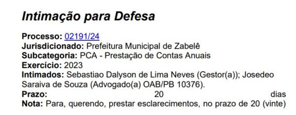 TCE intima ex-prefeito de Zabelê para explicar aumento de 400% com festividades durante decreto de situação de emergência