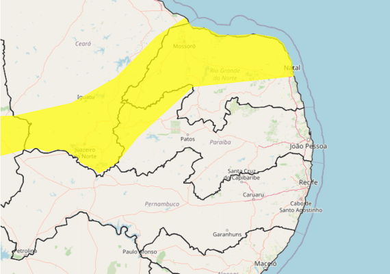  Inmet divulga alerta de chuva forte e ventos de até 60km/h em mais de 40 cidades da Paraíba