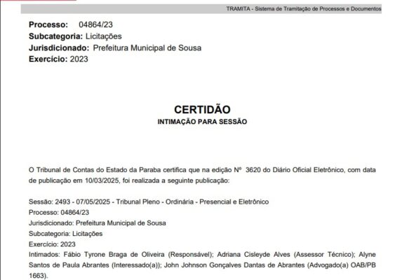 TCE volta a intimar ex-prefeito de Sousa para explicar possveis irregularidade em contrato para realizao de festa junina