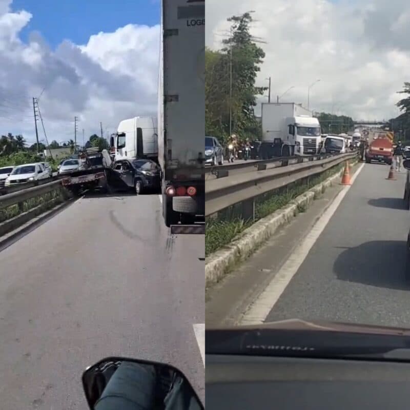 Acidente envolvendo carreta, caminhão e carro deixa trânsito congestionado na BR-101, em Bayeux