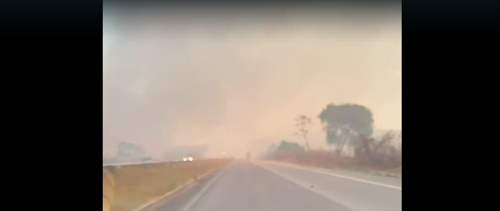 Incêndio em canavial provoca nuvem de fumaça e risco aos condutores na BR-101, em Santa Rita