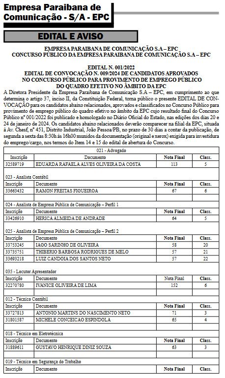 Empresa Paraibana de Comunicação divulga 9º edital de convocação de aprovados em concurso público