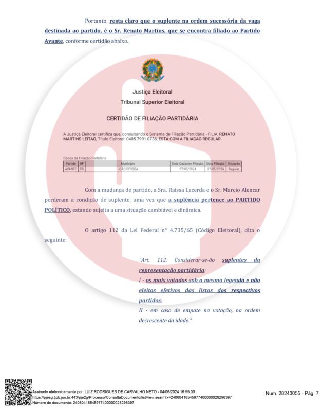 Renato Martins entra com mandado de segurança para assumir vaga na Câmara de João Pessoa; confira documento