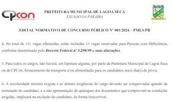 Concurso da Prefeitura de Lagoa Seca, com mais de 130 vagas e salários até R$ 7,7 mil, tem inscrições abertas