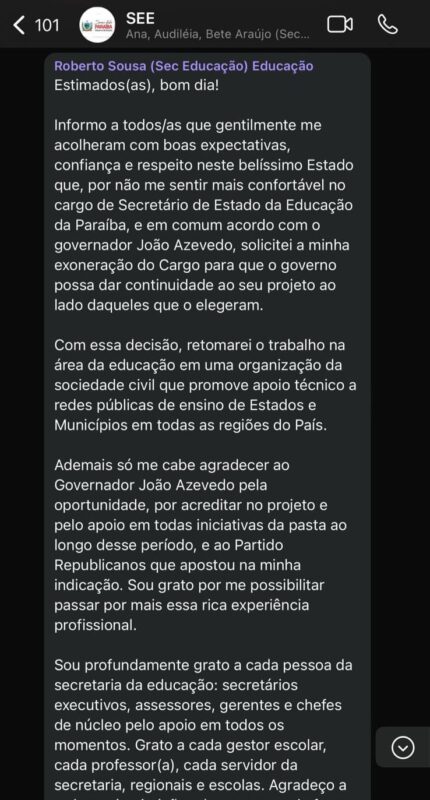 Após desgaste, Roberto Souza pede exoneração do cargo de secretário de Educação da Paraíba