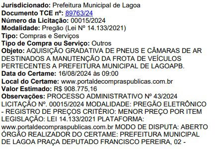 Município na Paraíba com 4 mil habitantes lança licitação de R$ 900 mil para adquirir pneus e câmaras de ar