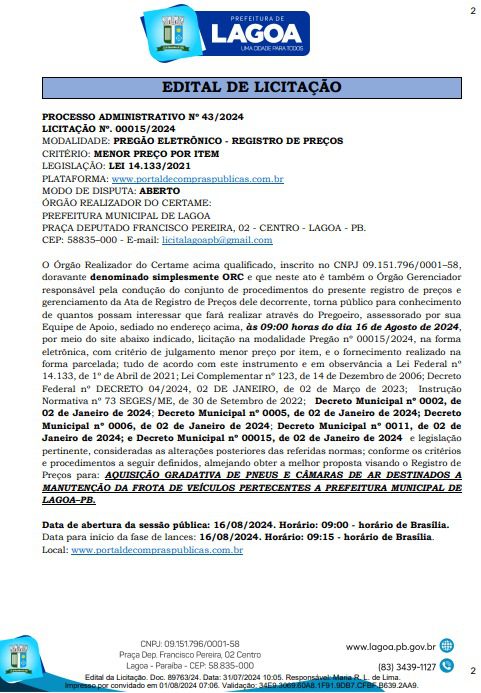 Município na Paraíba com 4 mil habitantes lança licitação de R$ 900 mil para adquirir pneus e câmaras de ar