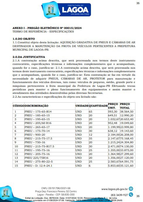 Município na Paraíba com 4 mil habitantes lança licitação de R$ 900 mil para adquirir pneus e câmaras de ar