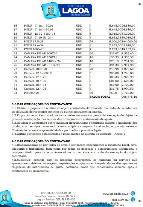 Município na Paraíba com 4 mil habitantes lança licitação de R$ 900 mil para adquirir pneus e câmaras de ar