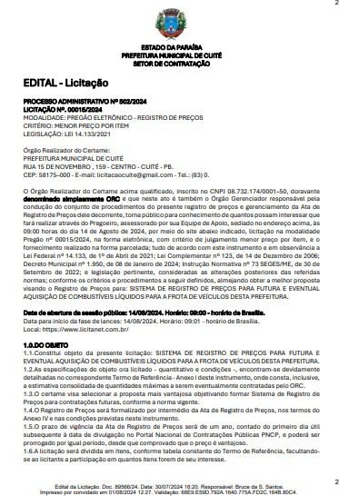 Cidade no Curimataú paraibano lança licitação de R$ 4,5 milhões para adquirir combustíveis