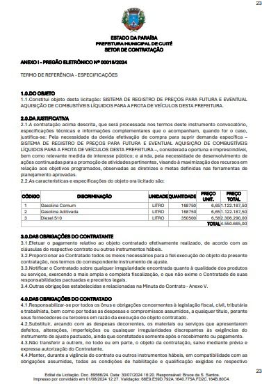 Cidade no Curimataú paraibano lança licitação de R$ 4,5 milhões para adquirir combustíveis