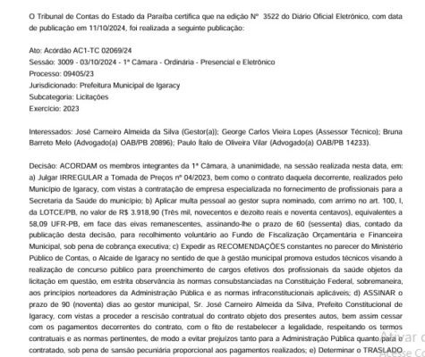 TCE-PB multa prefeito de Igaracy por contratação irregular de profissionais de saúde e dá 90 para rescisão dos contratos