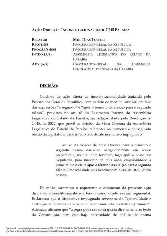 STF arquiva ação da Procuradoria-Geral da República contra eleição da mesa diretora da ALPB