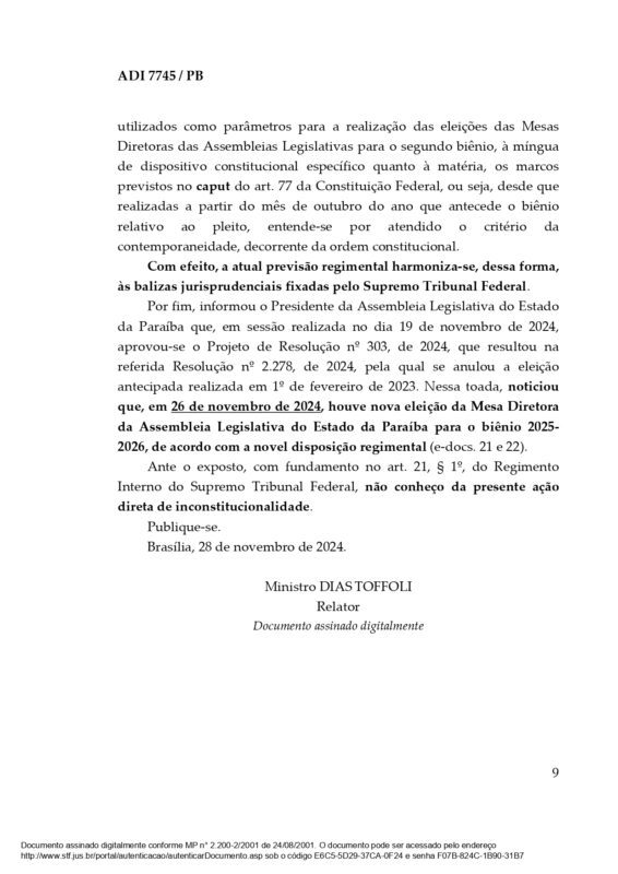 STF arquiva ação da Procuradoria-Geral da República contra eleição da mesa diretora da ALPB