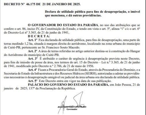 Governo do Estado desapropria área para construção do hangar do aeródromo público de Cuité