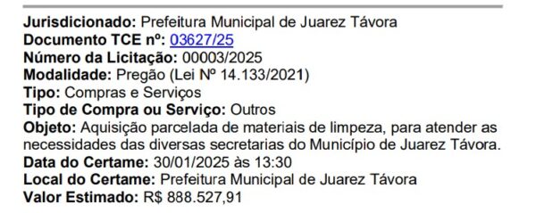 Prefeitura de Juarez Távora vai gastar R$ 168 mil em sabão em pó e R$ 90 mil em detergente; cidade tem 8 mil habitantes