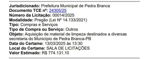 O maior gasto da Prefeitura de Pedra Branca será com copos descartáveis. Serão R$ 140.936 para custear 19,500 pacotes. 